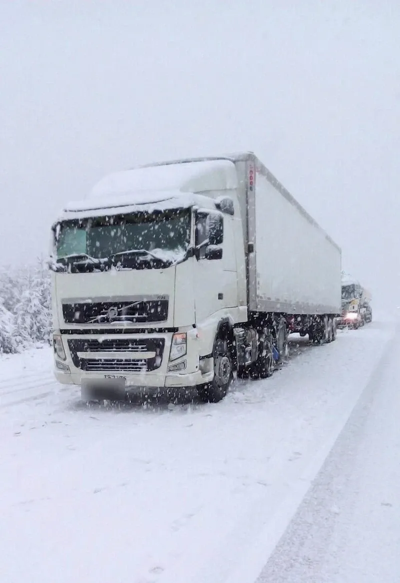 Camión refrigerado Solvex avanzando en ruta bajo una nevada intensa en el sur de Chile.